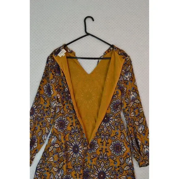 Everly Anthro Women's Small Gold Fit & Flare Long Sleeve Paisley Print Dress - Picture 12 of 16